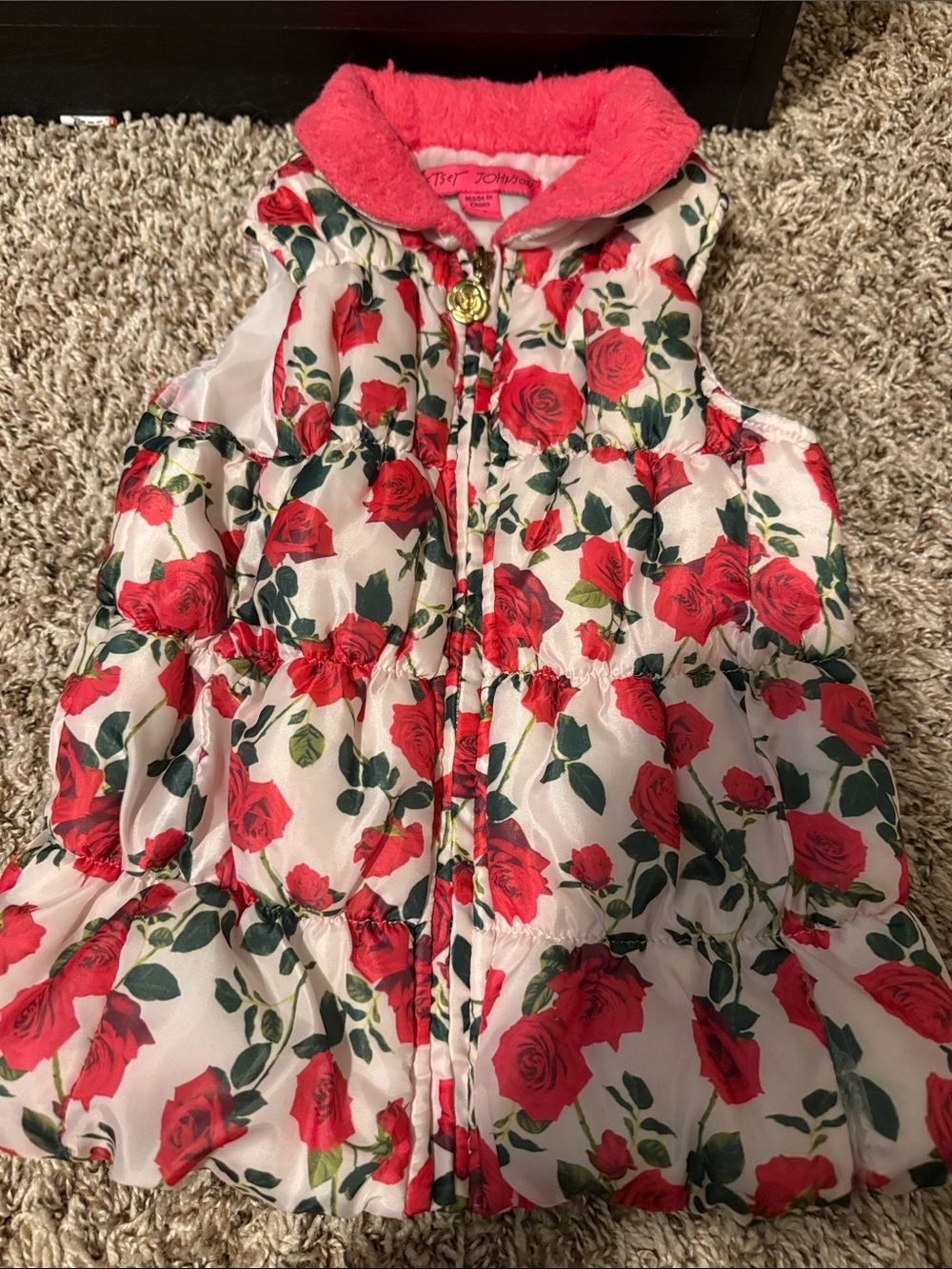 Girls Betsey Johnson Floral Red Rose Puffer Vest with Pink Faux-Fur Collar